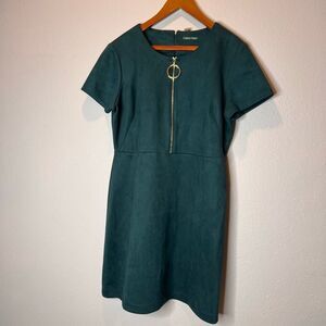 Calvin Klein Faux Suede Sheath Dress in an emerald green color, featuring a roun